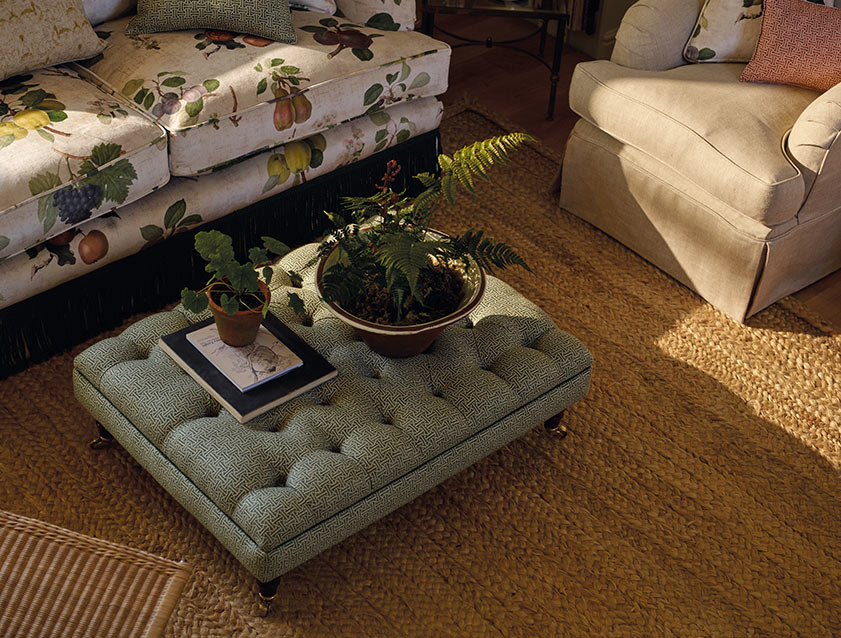 Bedham Footstool in RHS Gertrude Jekyll Lattice Green Alwinton 3 Seater Sofa in RHS Collection on Velvet William Hooker